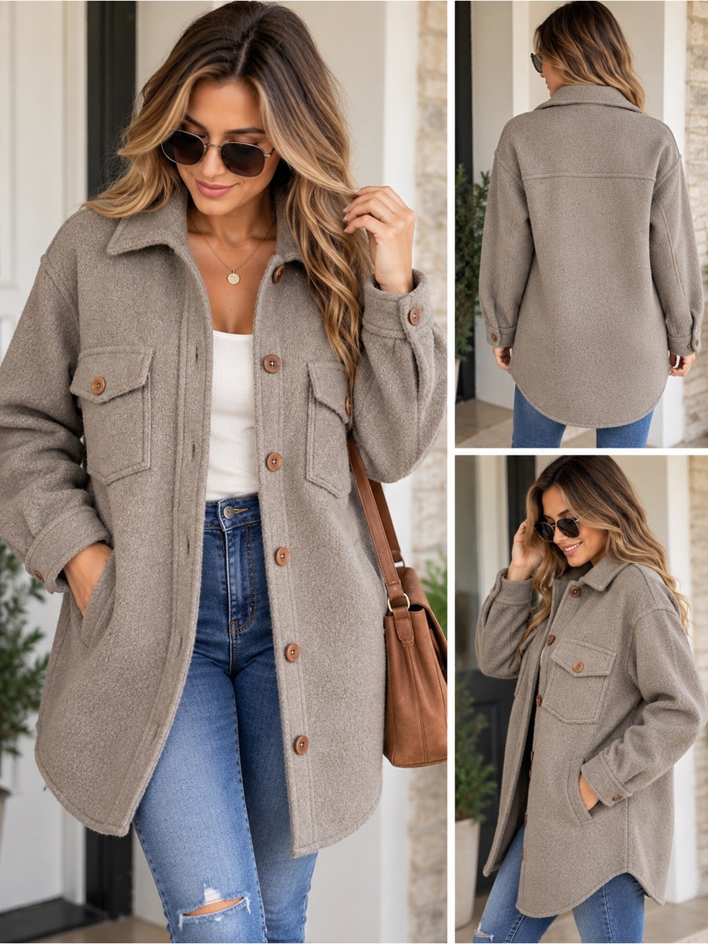 Aritzia Wilfred Free The Ganna Wool Shirt Jacket in Taupe Color Size Small